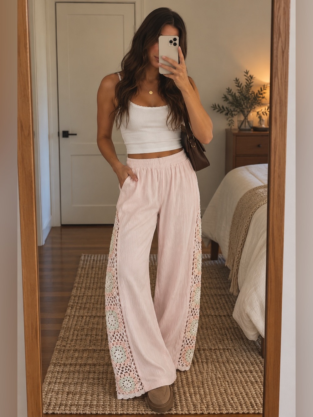 Ocean Drive Pink Vacation Gauze Wide Leg Crochet Beach Pants Medium